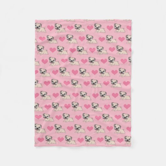 Cute roze puggen met hartenband fleece deken (Voorkant)