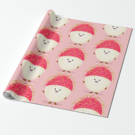 Cute roze rambutan cartoon afbeelding cadeaupapier (Uitgerold)
