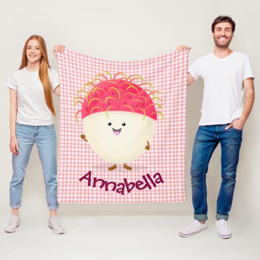 Cute roze rambutan cartoon afbeelding fleece deken (In situ)