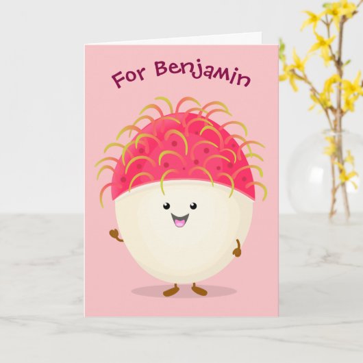 Cute roze rambutan cartoon afbeelding kaart (Gele Bloem)