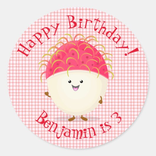 Cute roze rambutan cartoon afbeelding ronde sticker (Voorkant)