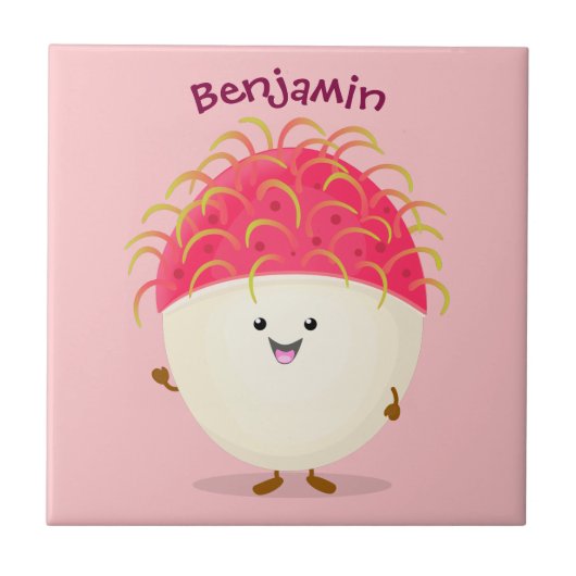 Cute roze rambutan cartoon afbeelding tegeltje (Voorkant)