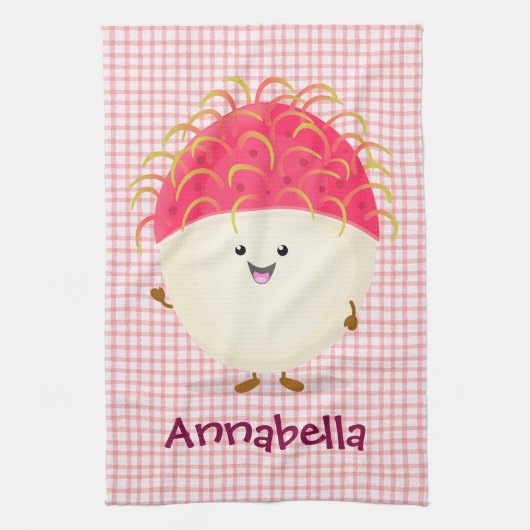 Cute roze rambutan cartoon afbeelding theedoek (Verticaal)