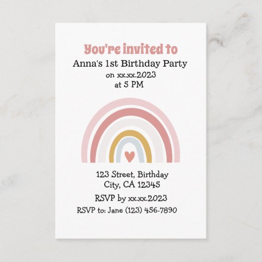 Cute Roze Regenboog Boho Chic Verjaardagsuitnodigi (Voorkant)