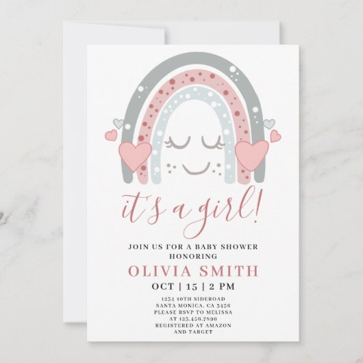 Cute Roze Regenboog Het is een Meisje Baby Shower Kaart (Voorkant)