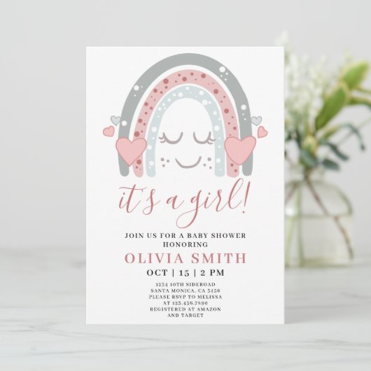 Cute Roze Regenboog Het is een Meisje Baby Shower Kaart (Staand voorkant)
