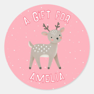 Cute Roze Rendier Kind Naam Kerstcadeau Ronde Sticker