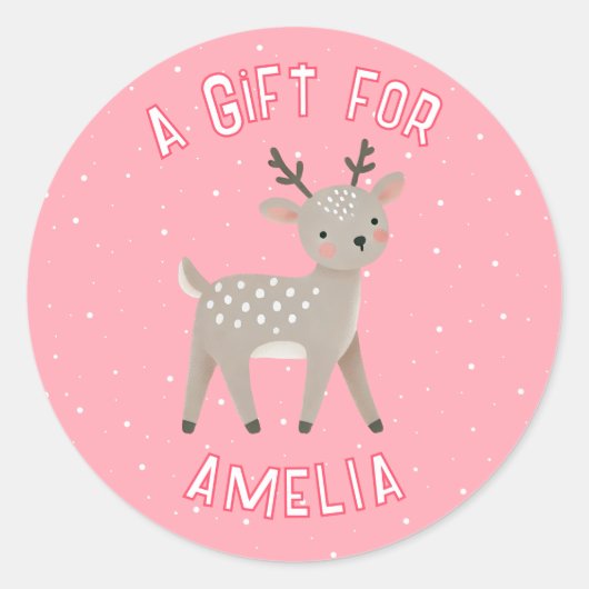 Cute Roze Rendier Kind Naam Kerstcadeau Ronde Sticker (Voorkant)