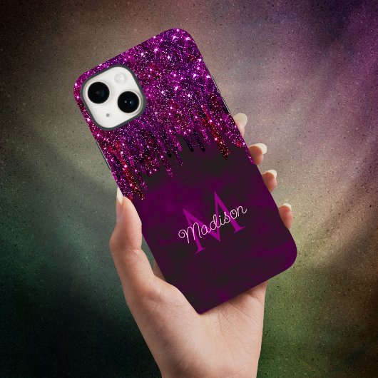 Cute Roze Rode Eenhoorn Glitter Drips monogram iPhone 15 Case