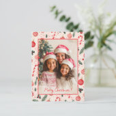 Cute Roze Rode Foto Kerstkaart Feestdagenkaart (Staand voorkant)