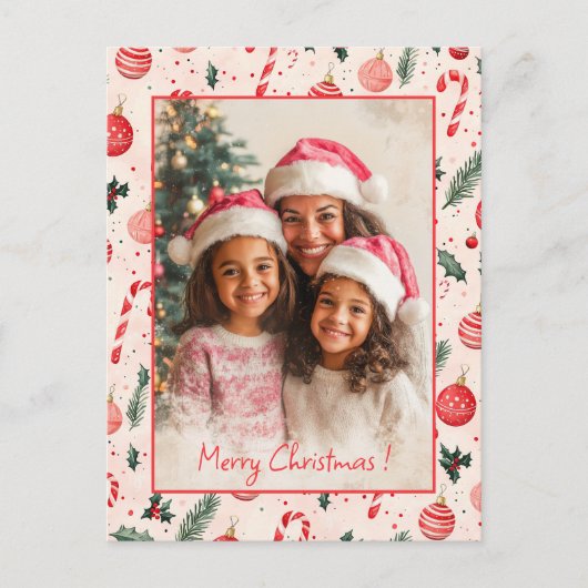 Cute Roze Rode Foto Kerstkaart Feestdagenkaart (Voorkant)