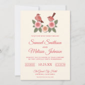 Cute roze Romantic Birds Floral Wedding Invitation Kaart (Voorkant)
