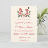 Cute roze Romantic Birds Floral Wedding Invitation Kaart (Staand voorkant)