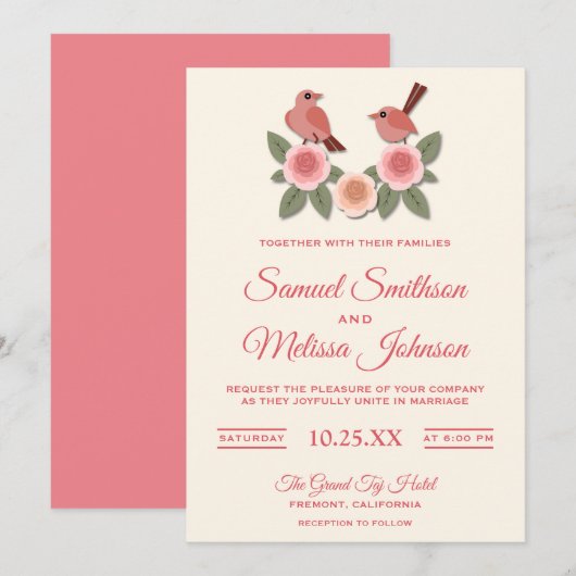 Cute roze Romantic Birds Floral Wedding Invitation Kaart (Voorkant / Achterkant)