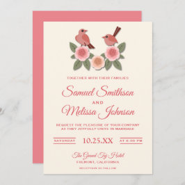 Cute roze Romantic Birds Floral Wedding Invitation Kaart
