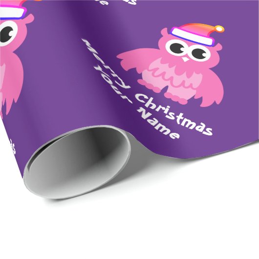 Cute roze Santa owl aangepast kind kerstfeestdag Cadeaupapier (Rol Hoek)