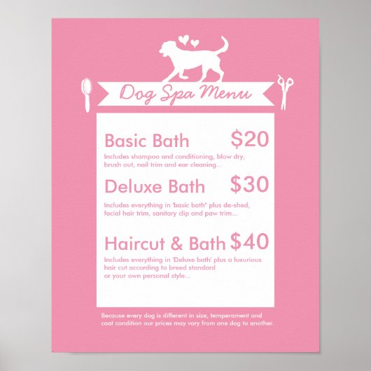 Cute Roze Silhouet Hond Kappersalon Menu Poster (Voorkant)