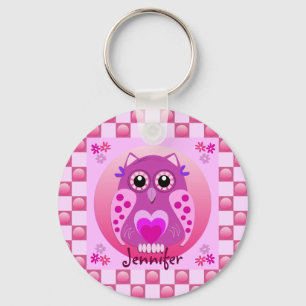 Cute roze sleutelhanger met Owl, patronen en naam