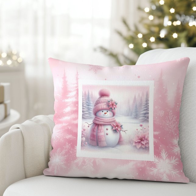 Cute Roze Sneeuwman Kerst Scene Pinkmas Kussen (Cute Pink Snowman Christmas Scene Pinkmas Pillow)