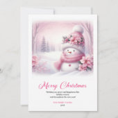 Cute roze sneeuwman kerstkaart voor kinderen (Voorkant)