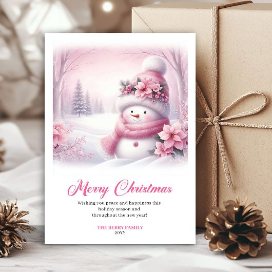 Cute roze sneeuwman kerstkaart voor kinderen