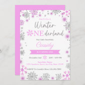 Cute Roze Sneeuwvlok Winter Verjaardagsfeestje Kaart (Voorkant / Achterkant)