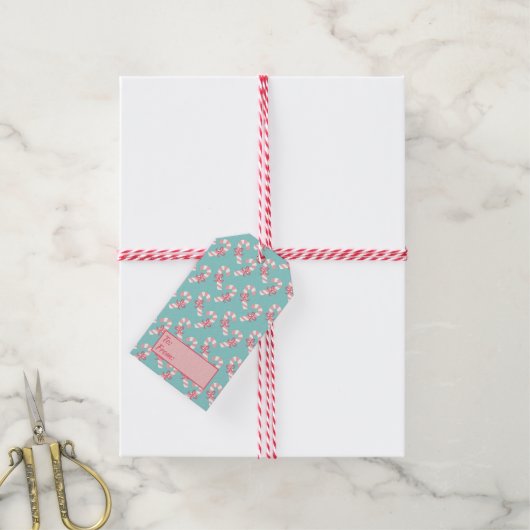 Cute roze snoeppatroon - Aqua Blue Kerstmis Cadeaulabel (Met Touw)