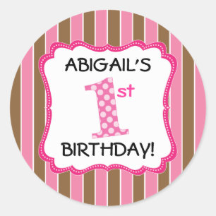 Cute Roze Strepen Meisje Eerste Verjaardag Ronde Sticker
