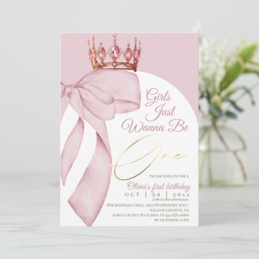 Cute Roze Strik 1e Verjaardag  Kaart (Staand voorkant)