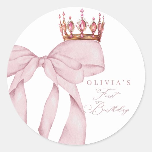 Cute Roze Strik 1e Verjaardag Ronde Sticker (Voorkant)