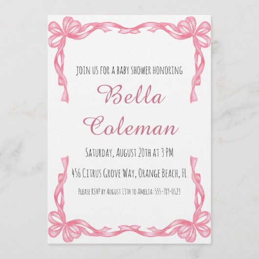 cute roze strik baby shower uitnodiging (Voorkant)