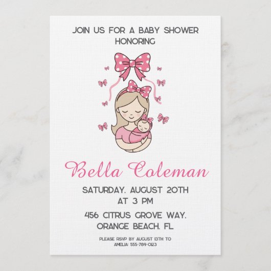 cute roze strik baby shower uitnodiging (Voorkant)