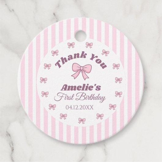 Cute Roze Strik Eerste Verjaardag Bedankjes Labels (Voorkant)