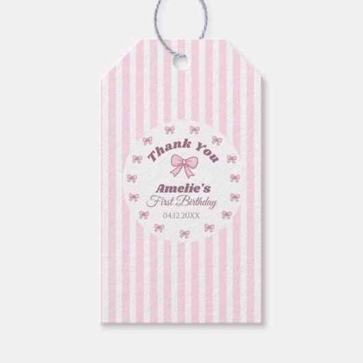 Cute Roze Strik Eerste Verjaardag Cadeaulabel (Voorkant)