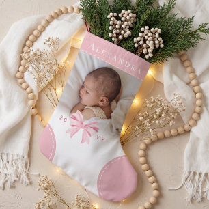 Cute Roze Strik Naam & Foto Baby Eerste Kerstmis Kleine Kerstsok