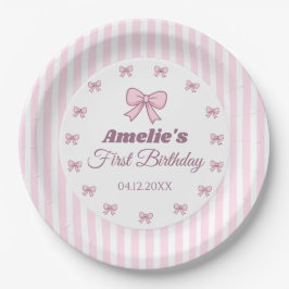 Cute Roze Strik Roze Lint Eerste Verjaardag Papieren Bordje