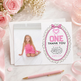Cute Roze Strikje Coquette 1e Verjaardag foto Bedankkaart