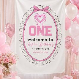 Cute Roze Strikje Coquette 1e Verjaardag Spandoek