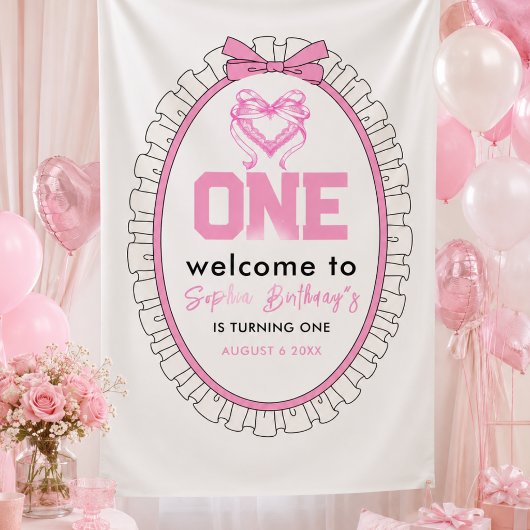 Cute Roze Strikje Coquette 1e Verjaardag Spandoek
