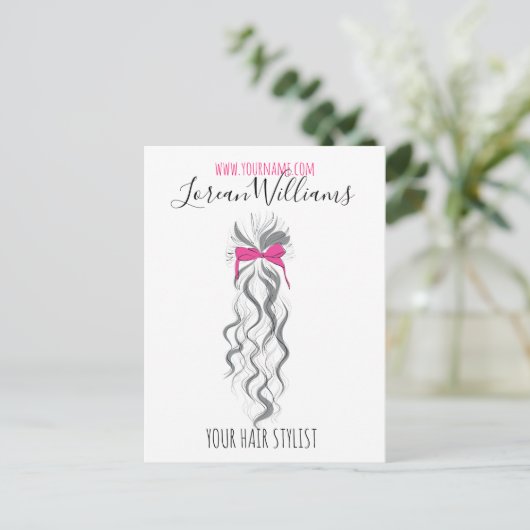 Cute Roze Strikje Grijs en Wit Vlecht Haarstyling Briefkaart (Staand voorkant)