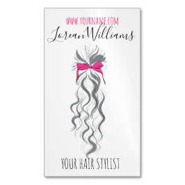 Cute Roze Strikje Grijs en Wit Vlecht Haarstyling Magnetisch Visitekaartje