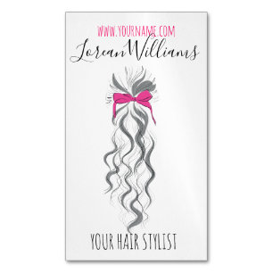 Cute Roze Strikje Grijs en Wit Vlecht Haarstyling Magnetisch Visitekaartje