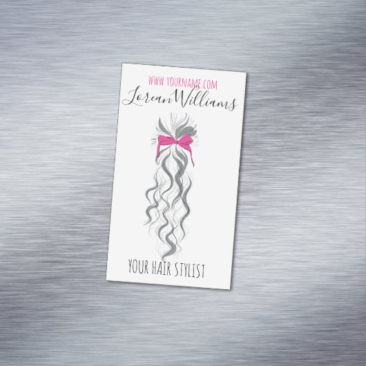 Cute Roze Strikje Grijs en Wit Vlecht Haarstyling Magnetisch Visitekaartje (Voorbeeld)