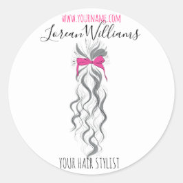 Cute Roze Strikje Grijs en Wit Vlecht Haarstyling Ronde Sticker
