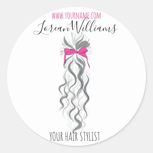 Cute Roze Strikje Grijs en Wit Vlecht Haarstyling Ronde Sticker (Voorkant)