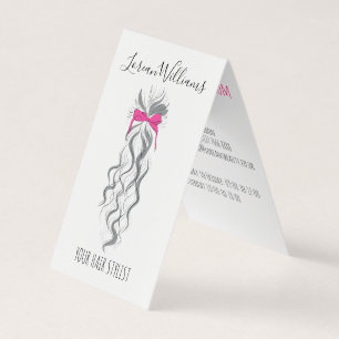 Cute Roze Strikje Grijs en Wit Vlecht Haarstyling Visitekaartje
