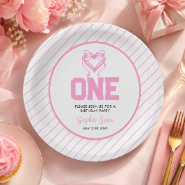 Cute Roze Strikte Coquette 1e Verjaardag Papieren Bordje