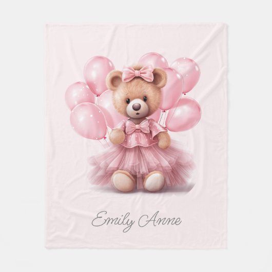 Cute Roze Teddybeer Ballonnen Kind Naam Fleece Deken (Voorkant)