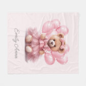 Cute Roze Teddybeer Ballonnen Kind Naam Fleece Deken (Voorkant (Horizontaal))