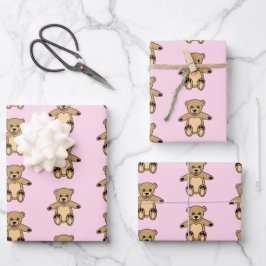 Cute Roze Teddybeer Meisje Patroon Inpakpapier Vel